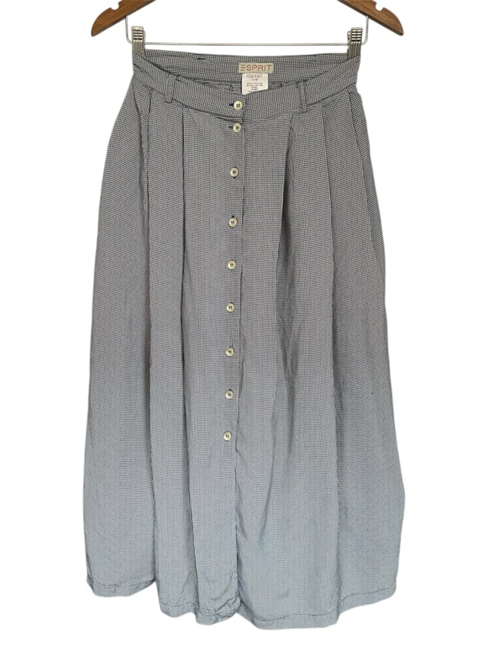 🌼 Vintage 90s Esprit Navy White Checkered Button-Front Pleated Retro Midi Skirt